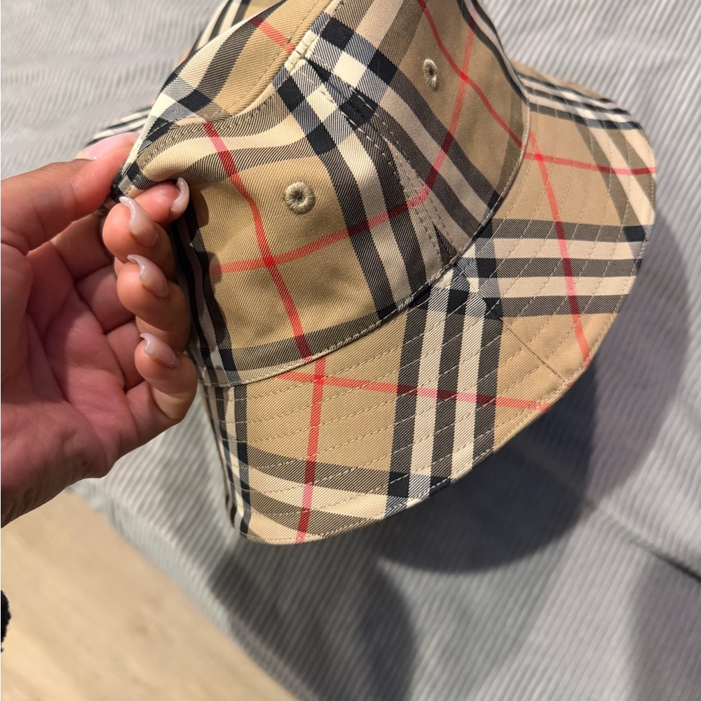 Burberry Beige Plaid Bucket Hat with Black and Red Accents